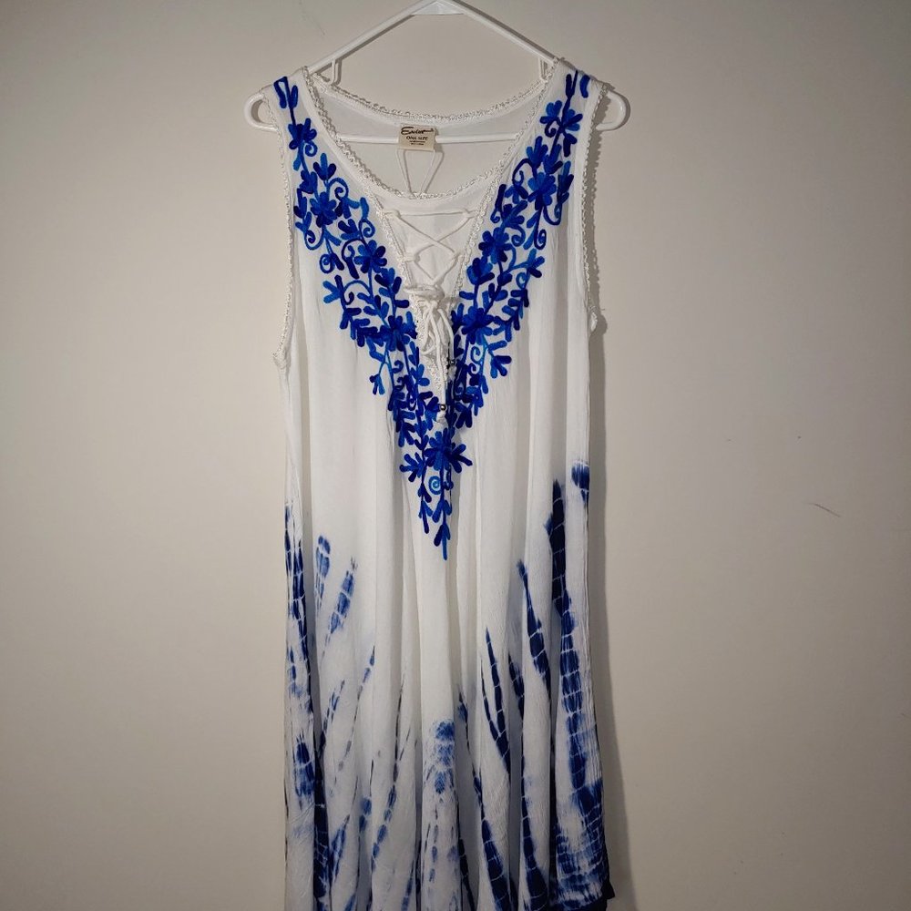 - Exist Embroidered Tie Dye Summer Dress/Beach Cover up One Size White /Bl…